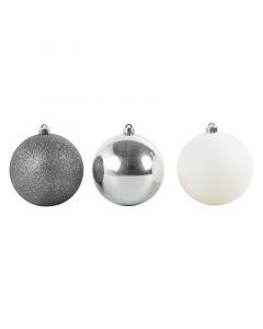 SET 3 ESFERAS NAVIDEÑAS PLATEADO Y BLANCO DISEÑOS VARIADOS 15 CM