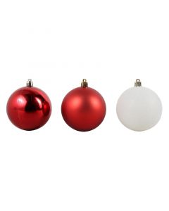 SET 20 ESFERAS NAVIDEÑAS ROJAS Y BLANCAS DISEÑOS VARIADOS 8 CM